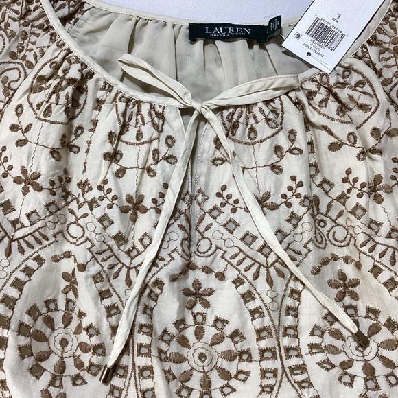 Ralph Lauren Women's Eyelet Cream and Brown Embroidered Blouse - Picture 5 of 16